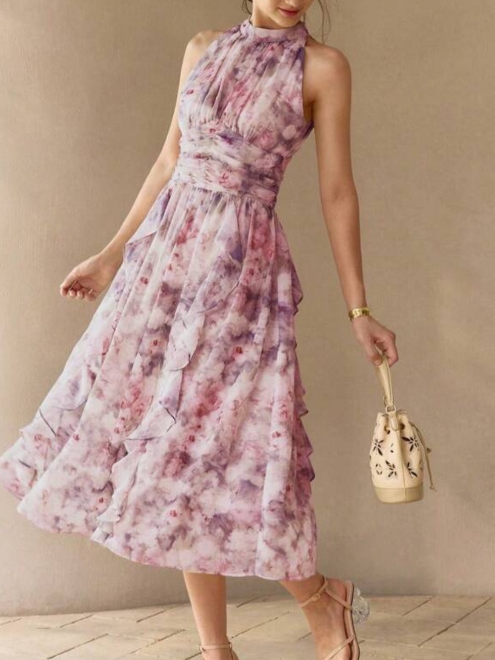MOTF Mauve & Pink Watercolor Halter Midi Dress